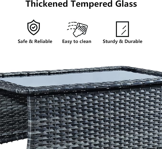 Patio Table Outdoor Coffee Tables - Rattan Wicker Coffee Table with Glass Top and 2-Tier Storage Shelf Rectangle for Outdoor Patio Porch Deck Balcony Garden(Mixed Grey/Glass Top)