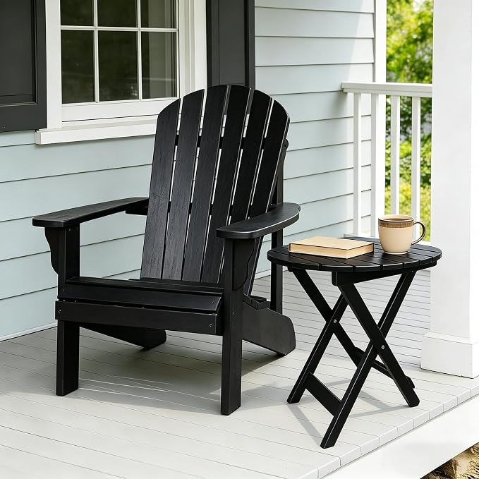 Outdoor Wooden Side Table, Folding Patio End Table, Small Round Furniture Table for Adirondack Chair, Balcony, Porch, Acacia Wood, No Assembly, Black