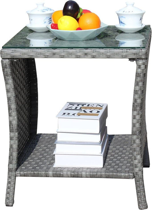 Wicker Rattan Side Table, Outdoor Square Rattan Coffee End Table with Tempered Glass Top and Storage for Patio Porch Lawn (B-Gray)