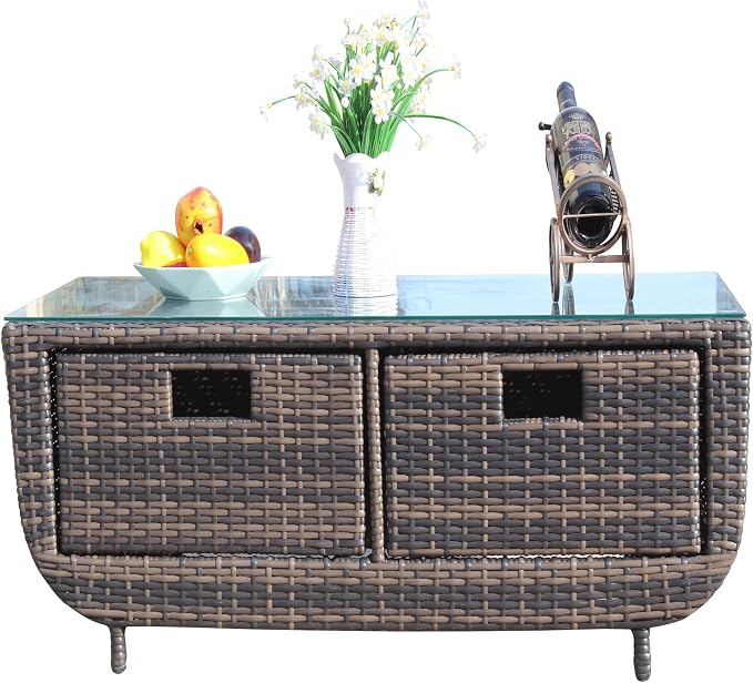Outdoor PE Rattan Coffee Table, 43.7" Large Rectangular Patio Wicker Coffee Table with Tempered Glass Top, Low Profile Outdoor Side Table for Backyard Deck Balcony Garden Lawn, 150 lbs Capacity