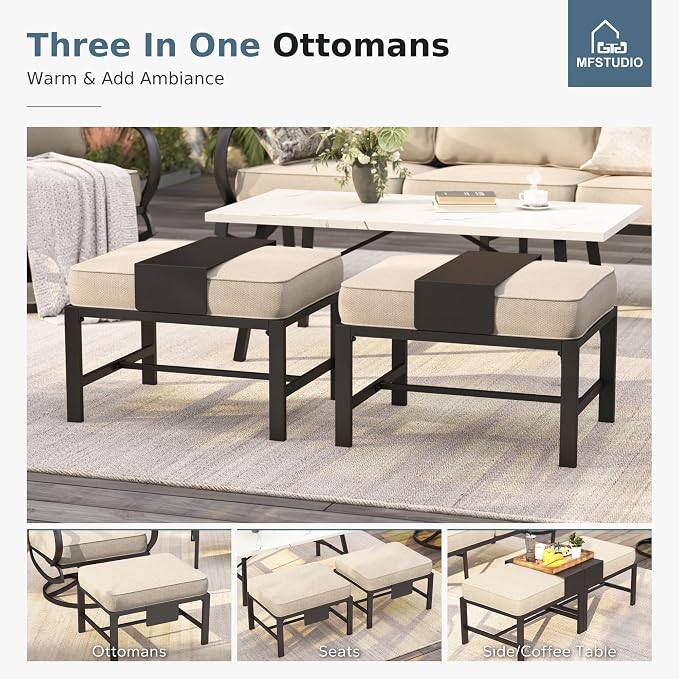MFSTUDIO 6 Pieces Patio Furniture Sets with 45" Gas Fire Pit Table(Up to 7 Seat),Outdoor Metal Conversation Sofas with 1 x 3-Seat Sofa, 2 Swivel Chairs and 2 Ottoman,Beige Cushion