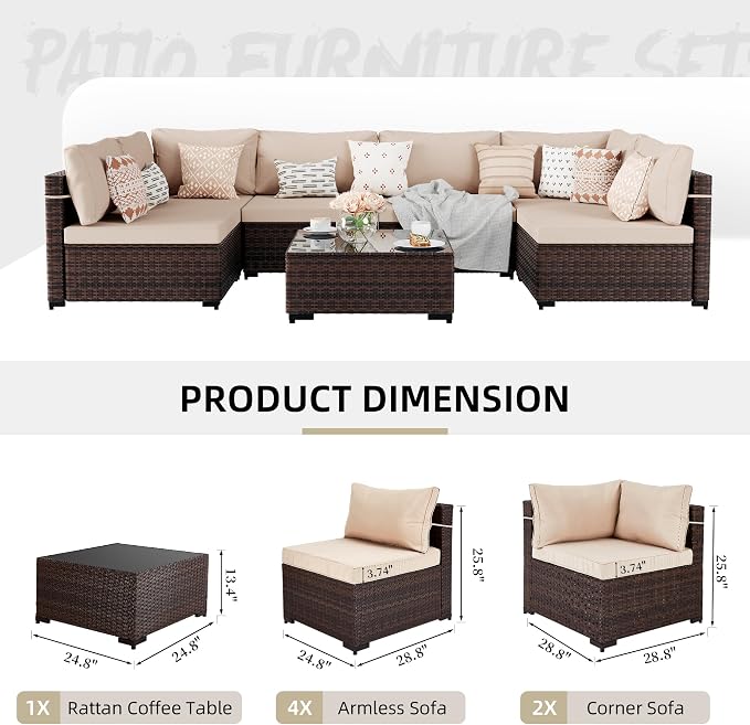 UPHA 7 Pieces Patio Furniture Sets, Wicker Outdoor Sectional Sofa Couch with Coffee Table, Patio Conversation Set for Deck Backyard Garden, Brown Rattan, Beige Cushion