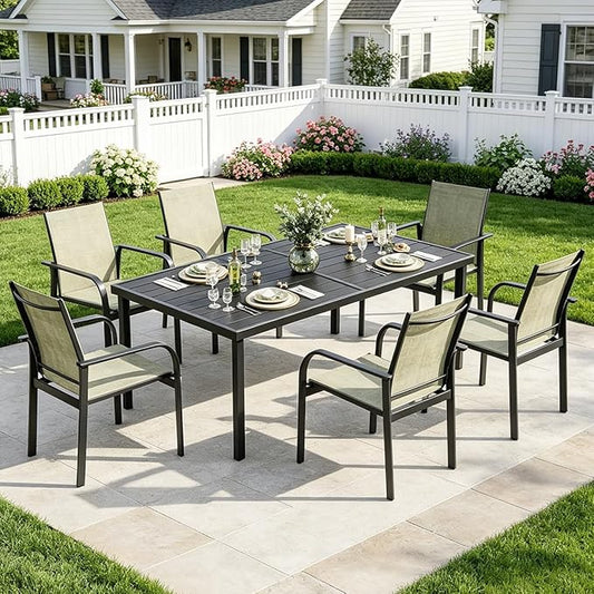 Garvee 7 Piece Patio Dining Set, Outdoor Furniture with 55" Rectangular Iron Table & 6 Textilene Chairs, All Weather Wood-Grain Finish, Suitable for Backyard, Garden, Poolside