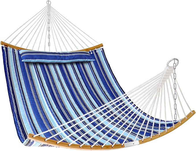 Double Hammock with Bamboo Wood Spreader Bars and Detachable Pillow, 2 Person 11 FT Portable Hammocks Bed Quilted Fabric Hammock for Yard Garden Balcony Indoor Outdoor, 440 Pound Capacity, Blue Stripe