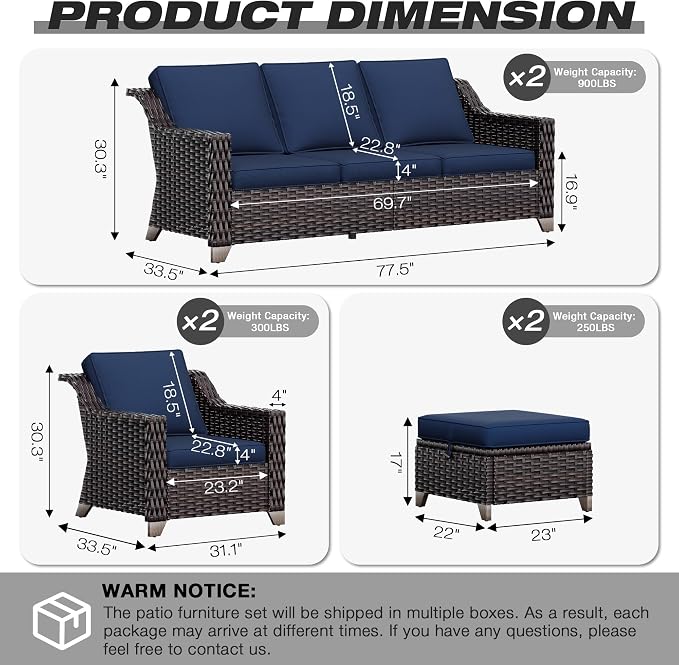 Joyside Wicker Patio Furniture Sets, 6 Pieces Upgraded Large Size Outdoor Furniture with Swivel Rocking Patio Chairs, Two 3-Seat Sofa, Outdoor Ottoman, Thick Cushions, Wide Armrest, Blue