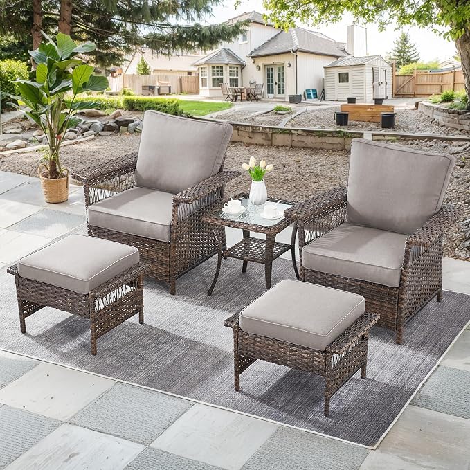 Patio Furniture Set - 2 Wicker Chairs with 2 Rattan Ottomans, 1 Wicker Side Table, Grey Cushions - 5pc Conversation Set for Garden, Balcony, Backyard
