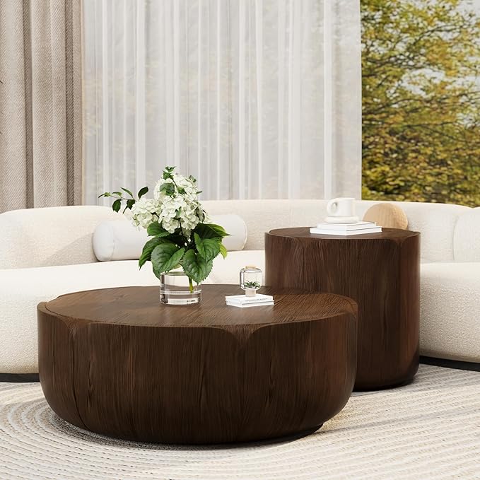 Round Outdoor Indoor Coffee Table Set, 2PC, 35.63" Modern Wood Grain Drum Center Table Set, Sturdy MGO Waterproof, No-Assembly, for Patio, Garden, Backyard, Living Room