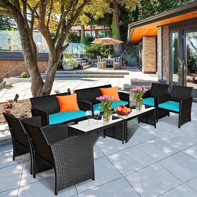 Tangkula 4 Pieces Patio Wicker Conversation Furniture Set, Patiojoy Sofa & Table Set w/4 Seats, Outdoor Rattan Sofa Set for Balcony Backyard, Wicker Chair Set with Tempered Glass Coffee Table