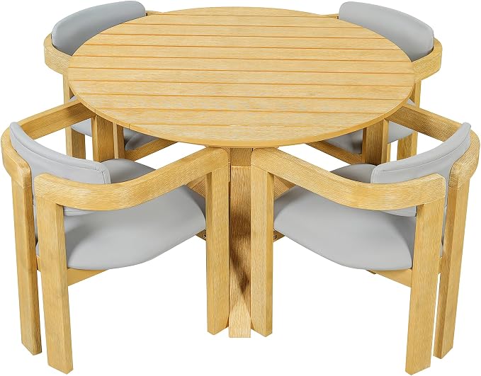 5-Piece Outdoor Acacia Wood Round Dining Set, All-Weather Round Dining Table and 4 Barrel Chairs & Removable Cushions, 5-Piece Patio Furniture for Backyard Deck Poolside (Gray Cush)