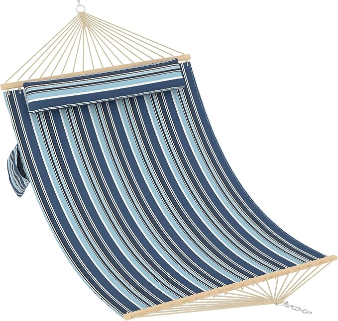 TrailBlaze Comfortable 2 Person Quilted Hammock with Hardwood Spreader Bars & Pillow – 450lbs Capacity – Ideal for Patio, Backyard, or Poolside – Double Outdoor Hammock – Dark and Light Blue Stripes