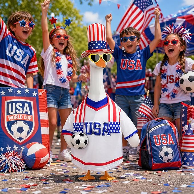 2026 World Cup Porch Goose Outfit, 23" High Lawn Goose Statue Soccer Fan Costume Clothing, FIFA World Cup 2026 Porch Garden Geese Clothes with Hat for Outdoor Patio Yard
