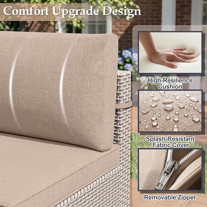 Patio Furniture Set, 11-Piece Outdoor Sectional Sofa with Swivel Rocker Chairs & Fire Pit Table, Wicker Patio Conversation Set with Coffee Table, Khaki Cushions