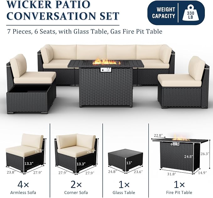 8 Pieces Outdoor Patio Furniture Set with 44" Fire Pit Table Black Rattan Sectional Conversation Sets w/Gas Fire Pit, Coffee Table, Khaki