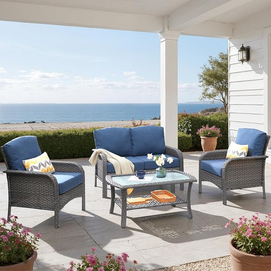 4 PCS Outdoor Patio Furniture Set with Glass Table, All-Weather Rattan Wicker Outdoor Conversation Set with Thickened Cushions for Balcony Backyard Garden Lawn,Blue