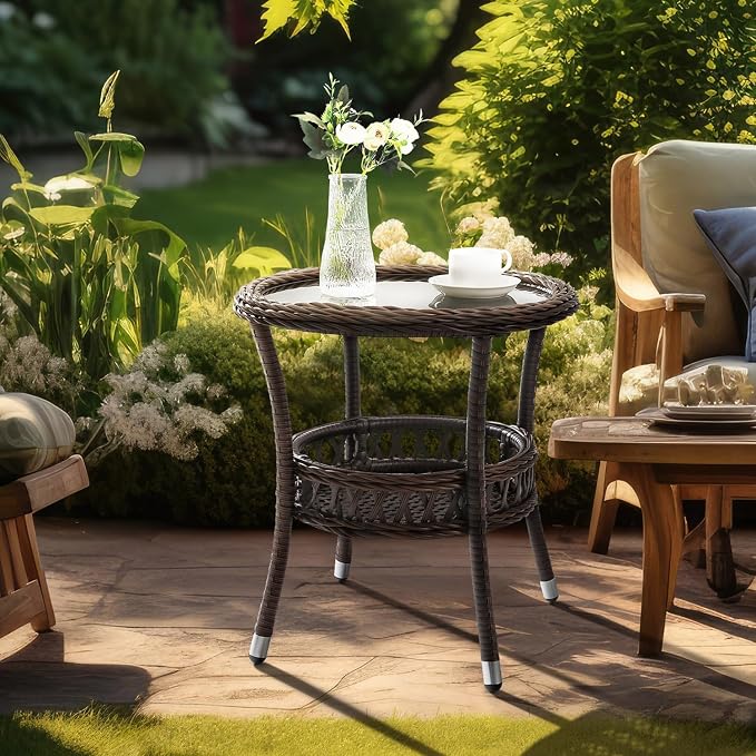 Outdoor Side Table Patio Wicker Coffee Table Outdoor End Table Rattan Bistro Table with Storage & Black Glass Table Top Round for Outside Balcony Porch Backyard Deck Brown