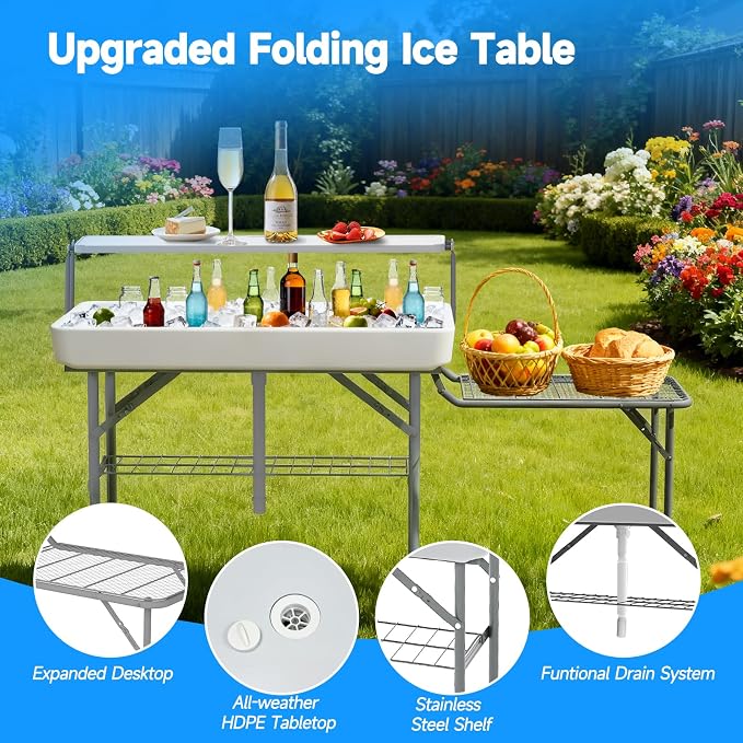 Ice Cooler Folding Table with Metal Side Desktop, Double-Layer Party Chilling Table with Drain and Detachable White Skirt to Keep Drinks Cool, Ice Bar for Weddings, Outdoor, Picnics，Pool