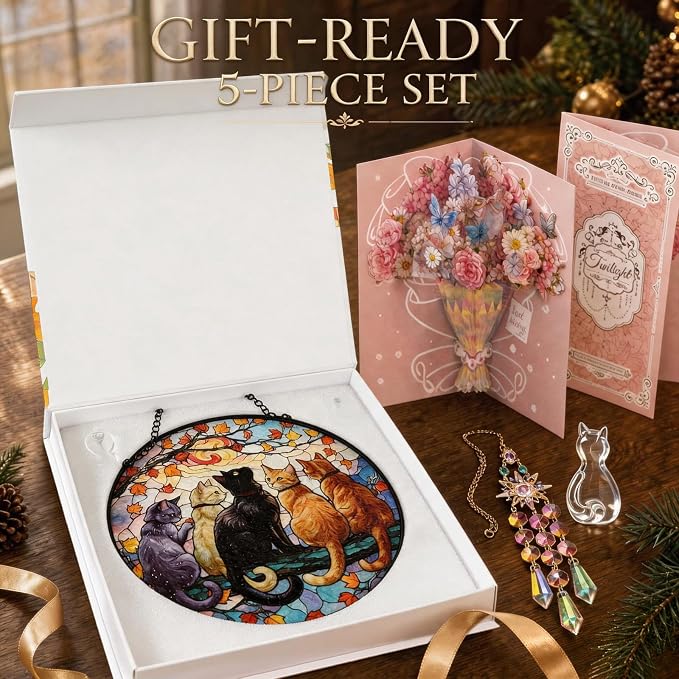 Statement Deluxe Bundle | Stained Glass Window Hanging, Five Cats 3D Embossed Diamond Glass Suncatcher, 7-Piece Cat Lover Gift Set with Crystal Pendant & Invisible Hooks