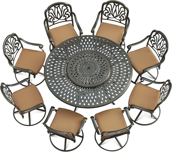 VIVIJASON 9-Piece Patio Furniture Dining Set, Rust-Free Cast Aluminum Outdoor Conversation Set, Include 8 Swivel Dining Chairs & 61" Round Dining Table with 31" Lazy Susan, Umbrella Hole, Khaki
