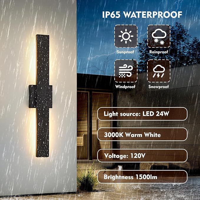 23.6inch Long Outdoor Modern LED Wall Light,24W Waterproof IP65 Warm White Led Wall Mount Lighting Fixture Black Outdoor Wall Sconces Outside Lights for House Garage Front Door Patio 2Pack