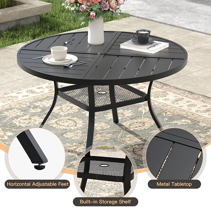 Outdoor Dining Set for 4, 40.7" Outdoor Dining Table with Umbrella Hole and Padded Textilene Patio Swivel Chairs, 5 Pieces Patio Table and Chairs Set for Garden Backyard, Dark Blue and Black
