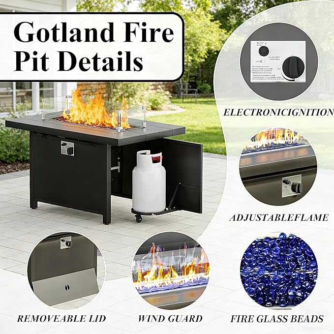 Gotland Aluminum Patio Furniture Set with Fire Pit Table, Metal Patio Furniture with 12 Seats Waterproof 5.1'' Seat Cushions, Oversized Outdoor Sectional Conversation Sets for Balcony Porch Khaki