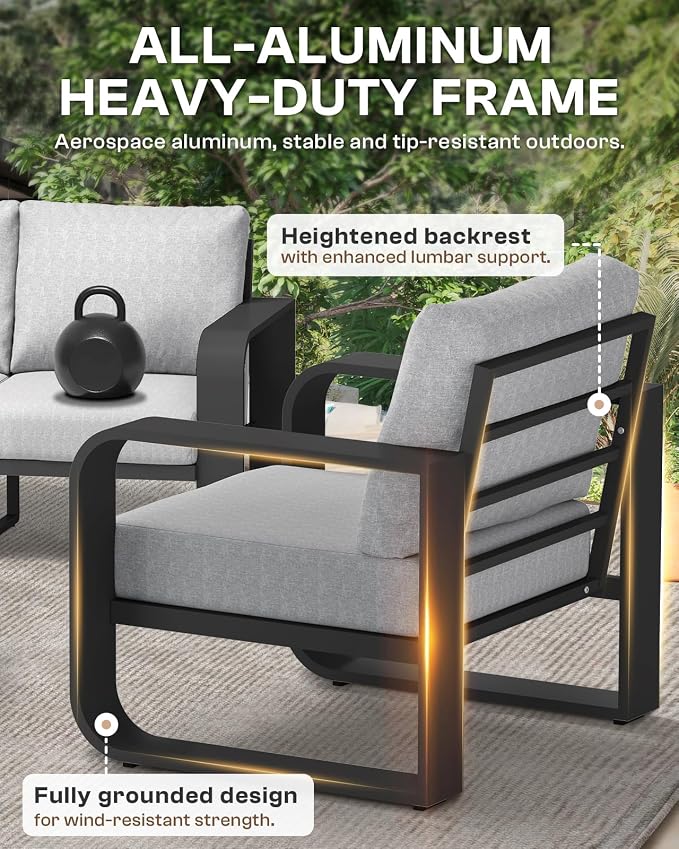 Oversized Aluminum Outdoor Furniture Set, Extra Large Patio Furniture Sofa Set 4.8” Widened Armrest & Ultra-Thick Cushions, 4 Pcs Modern Patio Sectional for Backyard, Porch, Gray