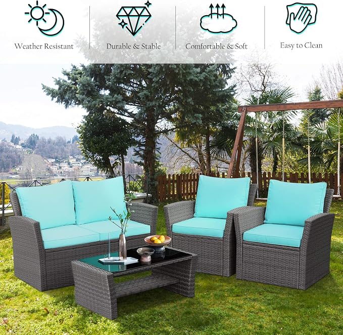 RELAX4LIFE 4 PCS Wicker Patio Furniture Set with Soft Cushions & Tempered Glass Table Outdoor Rattan Sofa Set for Backyard Garden Balcony Poolside Sectional Conversation Couch Set (Turquoise)