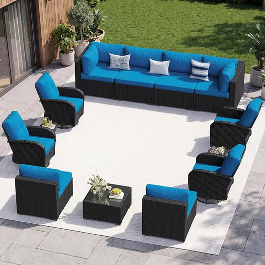 Aoxun 13 Piece Outdoor Patio Furniture Set with Coffee Table, Wicker Rattan Outdoor Furniture with High Back Swivel Rocker Chairs, Outdoor Conversation Set with Thick Cushion, Peacock Blue