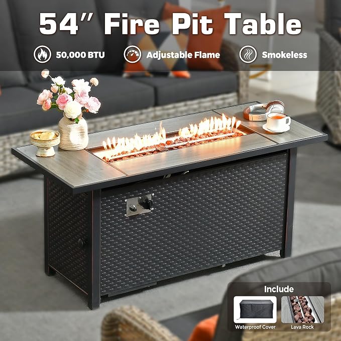 8-Piece Outdoor Patio Furniture Set with Fire Pit Table,All Weather Wicker Rattan Patio Seating Sofa and Chair Set with Ottomans,Outdoor Conversation Sets w/ 3 Seater Couch for Porch Deck Yard,Black