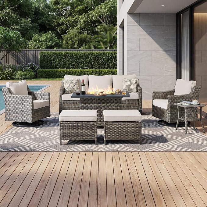 Luxury Patio Furniture Sofa Set - 7 Pieces All Weather Wicker Outdoor Couch and High Back Swivel Rocker Patio Chairs with fire Pit for Deck Yard and Poolside Gray Wicker | Beige Cushions
