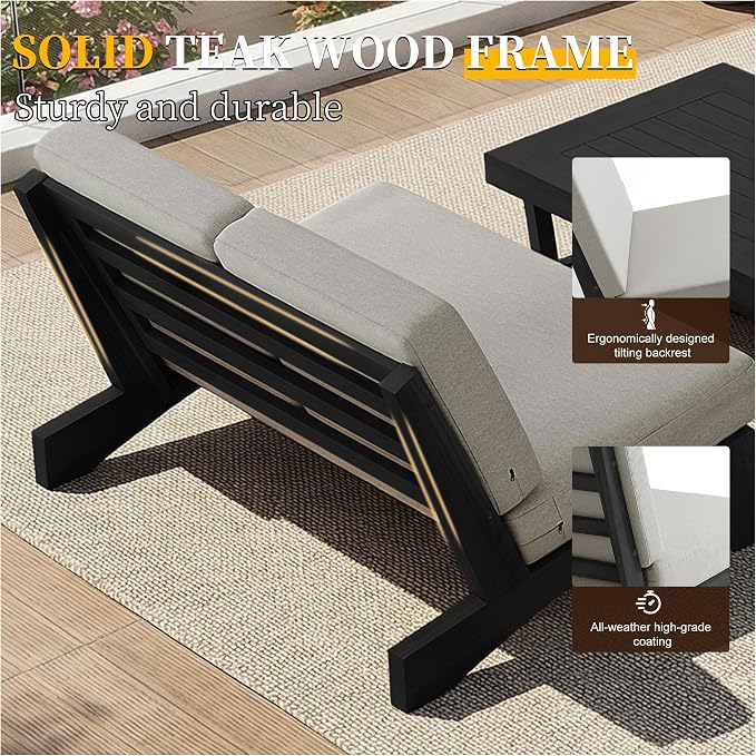 All Weather Patio Furniture Sets, 3 Pieces Black Wood Patio Loveseat Sofa Outdoor Sectional Futniture Backyard Conversation Set with Solid Wooden Coffee Table - Light Camel