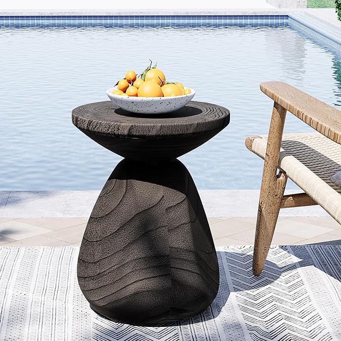 SUNBURY Outdoor Side Table, 14" Small Outdoor End Table, Patio Side Tables w Tree Ring, Round Concrete Side Tables, Garden Stool Plant Stand for Front Porch, Pool (Grey)