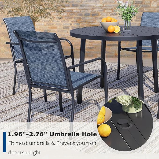 9 Pieces Patio Dining Set for 8, Blue Patio Stackable Chairs and Black Round Table Set of 8, Outdoor Furniture Set with Sling Support for Outside, Garden