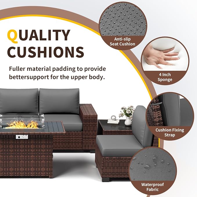 Patio Furniture with Fire Pit Table,8‘’ Wide armrest Outdoor Sectional Rattan Sofa Set, Wicker Patio Furniture Sets w/Coffee Table,Thick Cushions and Cover for Porch, Balcony,7PC (Brown&Grey)