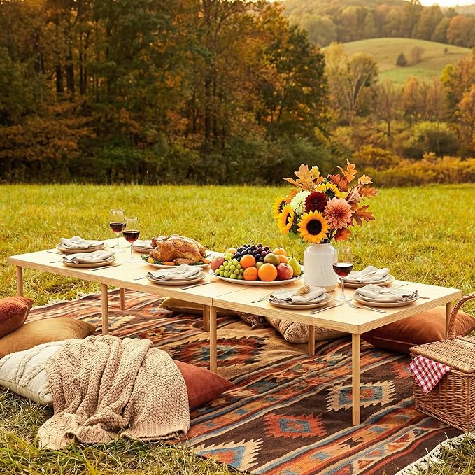 Leinuosen 90"x30" Boho Wooden Picnic Table, Portable Folding Outdoor Low Picnic Table with Adjustable Legs Height 13'' & 16'' for Floor Seating, Beach, Camping, BBQ, Backyard, Seating for 8-10 People