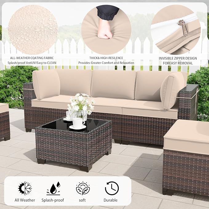11 Pieces Outdoor Patio Furniture Set,Outdoor Sectional Furniture with 45" 55000 BTU Gas Propane Fire Pit Table,PE Rattan Wicker Patio Conversation Set,Swivel Rocking Chairs Set,Sand