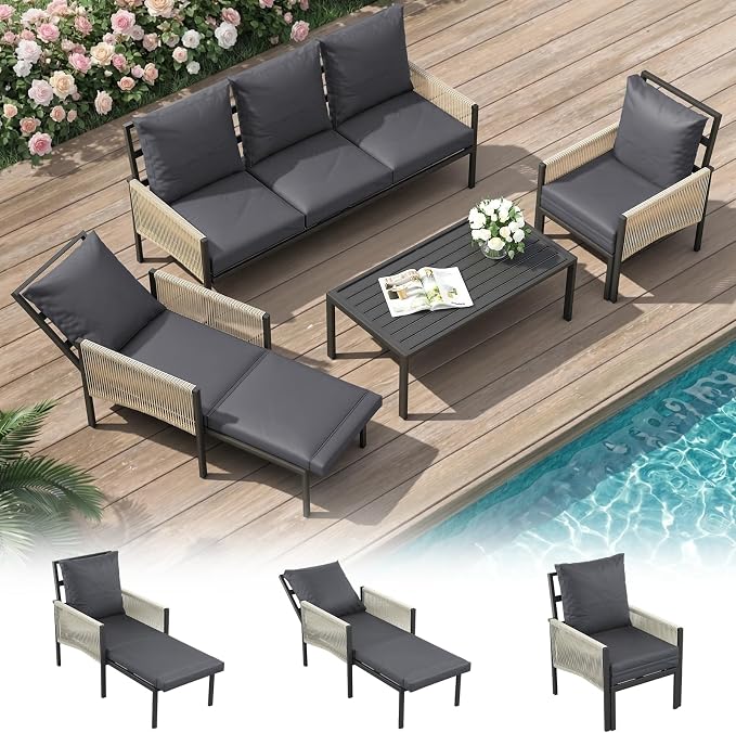 U-MAX Aluminum Patio Furniture Set 5 Seats Outdoor Sectional Couch with Coffee Central Table Patio Conversation Sets for Porch Deck (Dark Grey, with Retractable Single Sofa)