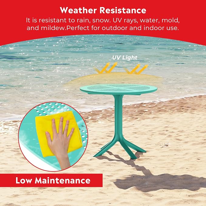 Costaelm Small Patio Table, Outdoor Round Dining Table, Weather Resistant Outside Table for Poolside Deck Lawn Garden Backyard, Turquoise