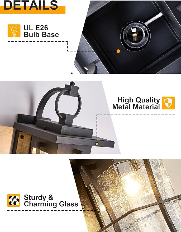18" H Extra Large Outdoor Wall Sconce Black Large Exterior Wall Lantern Outside House Lamps Waterproof Mission Light Fixtures with Clear Seeded Glass, Perfect for Villa Porch Garage Coach Light