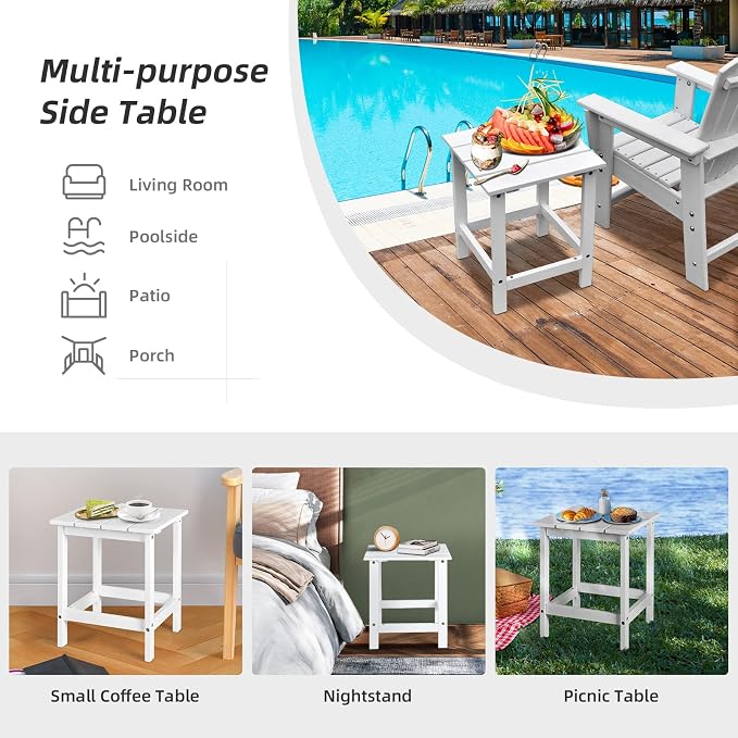 Tangkula Square Outdoor Side Table, Adirondack Table, Outdoor Indoor Chairside End Tables, Weather Resistant, Patio Side Table for Lawn Garden Balcony Backyard Living Room (1, White-Square)