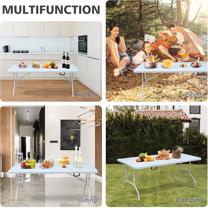 Portable 8Ft Folding Table, Heavy Duty Plastic Fold-in-Half Utility Foldable Dining Table, Multi-Purpose Plastic Folding Table with Carrying Handle for Camping and Party Indoor/Outdoor (White)