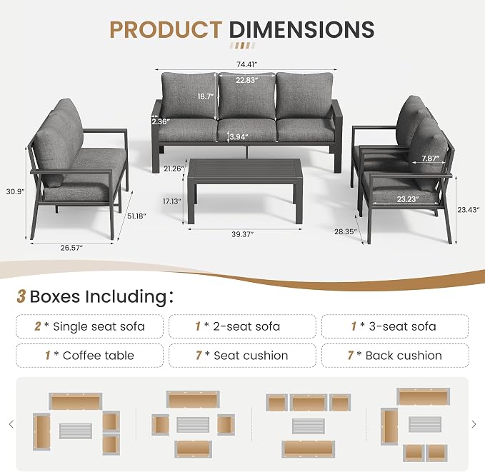 5 Pieces Aluminum Patio Conversation Set Metal Deck Outdoor Furniture 7-Seat All-Weather Rust-Proof Sectional Sofa Set with Removable Cushion for Balcony, Yard, Poolside & Small Spaces