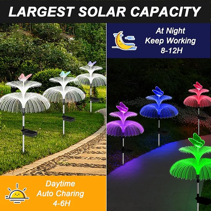 Weepong Solar Garden Lights Waterproof 3 Pack Solar Lights Outdoor Decorative 7 Color Changing Double Jellyfish and Butterfly Flower Garden Decor Yard Christmas Pool Outdoor, Gifts for Mother's Women
