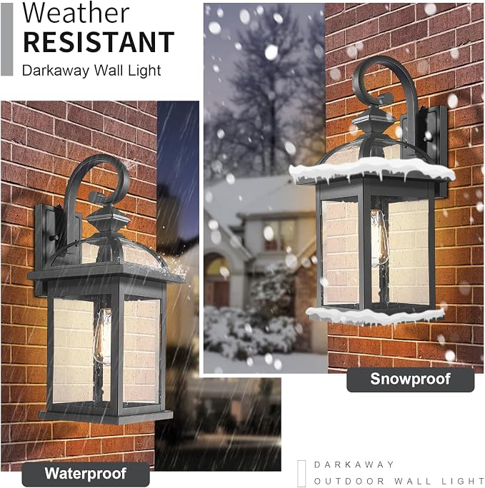 Darkaway Dusk to Dawn Outdoor Lights Fixture Wall Mount,Large 22inch Exterior Wall Light with Seeded Glass Waterproof Black Outside Wall Sconce for House Porch Hallway Garage