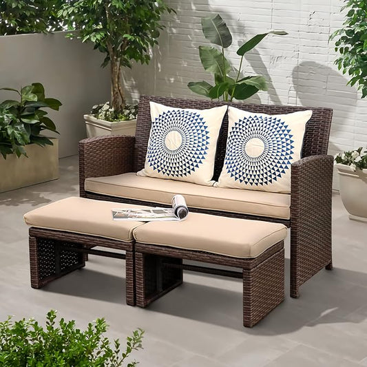 OC Orange-Casual Outdoor Loveseat 3 Piece Patio Furniture Set Outdoor Conversation Set All-Weather Wicker Love Seat with Ottoman/Side Table, Brown Rattan, Beige