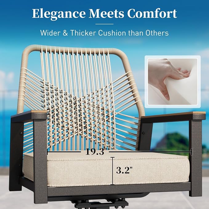 Patio Dining Set 7 Piece, 4 Woven Rattan Fixed Chairs and 2 Swivel Chairs with Waterproof Cushion, 59" Rectangular Metal Table with Umbrella Hole, Outdoor Table Set for Backyard Lawn Deck, Beige