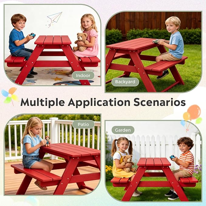WestinTrends Malibu Outdoor Patio and Indoor Kids HDPE Plastic Picnic Bench Table, Red