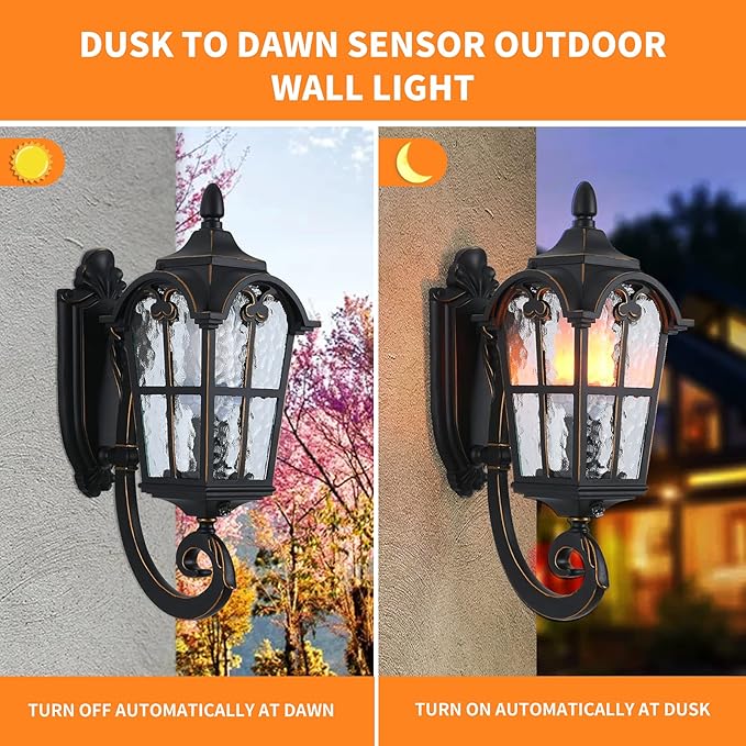 17.71" Dusk to Dawn Sensor Black Outdoor Wall Light Fixture | Exterior Wall Lantern Waterproof Sconce Rustic Porch Lights Wall Mount for House Garage Doorway, ETL Listed