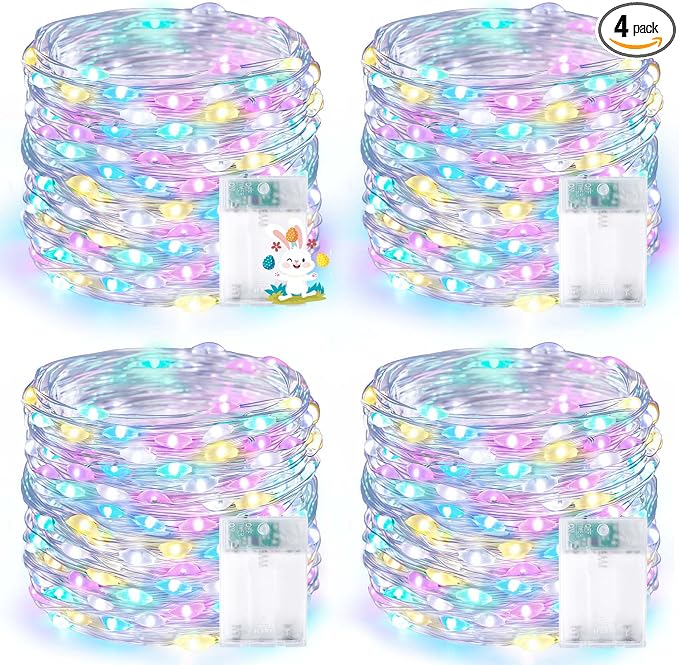 4 Pack 60 LED Fairy Lights Battery Operated with Timer, 20 FT Easter Lights | Cuttable Copper Wire, Waterproof Pastel Battery String Lights for Indoor Outdoor, Bedroom, DIY, Spring Easter Decorations