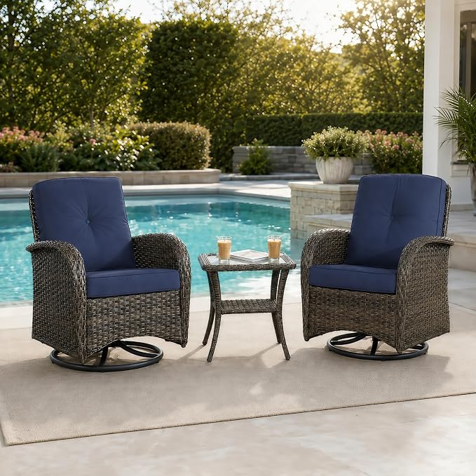 HUMMUH 3-Piece Patio Swivel Rocker Chairs Set with Glass Side Table | 360 degree swivel gliding, 4-inch thick sponge cushions, 250 lbs weight capacity, hand-woven pe wicker